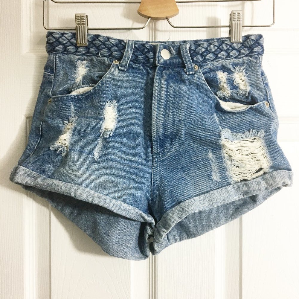 Honey Punch Distressed High Waisted Jean Shorts M Rolled Cuff Braided Waistband
